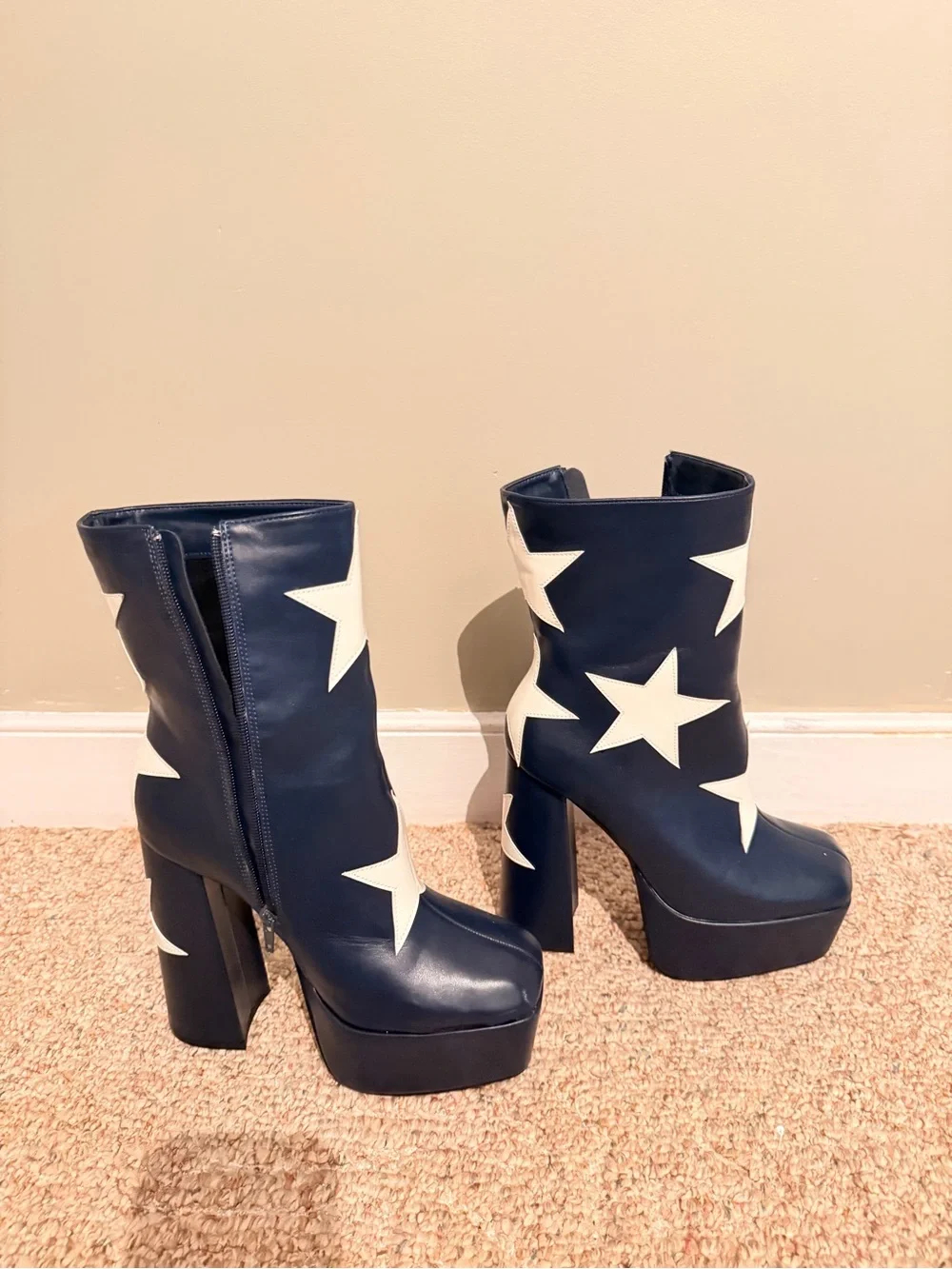 Wish Navy Platform Ankle Boots with White Star Appliqués